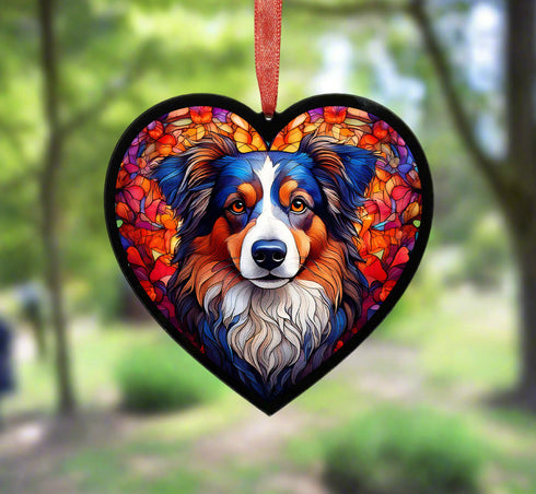 Australian Shepherd Stained Glass Effect Heart Suncatcher